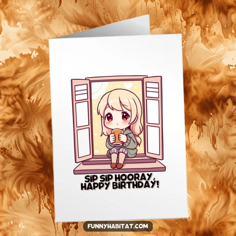 Funny Free Printable Birthday Card showing a character contentedly sipping a warm drink by a window, a cozy downloadable gift.