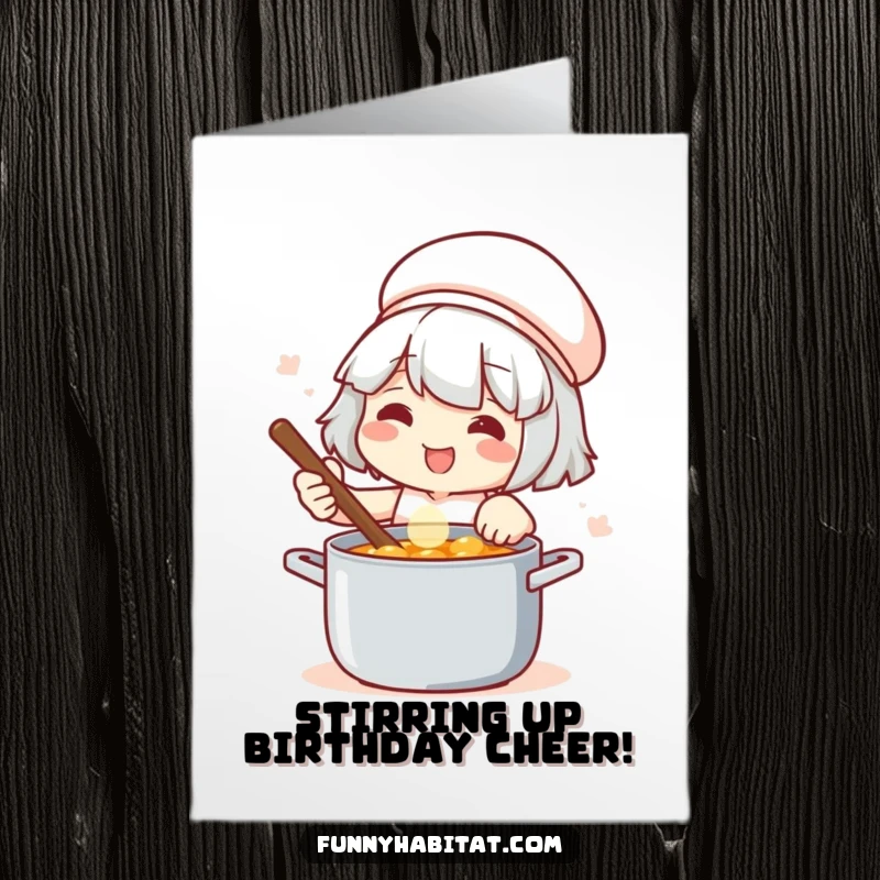 Funny Free Printable Birthday Card: A character gleefully stirring a pot, smiling with cooking joy, a delightful downloadable gift.