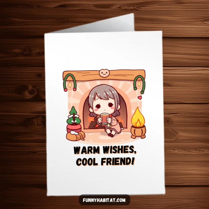 Funny free printable birthday card with a character relaxing with a warm drink by a cozy illustrated fireplace, feeling content.