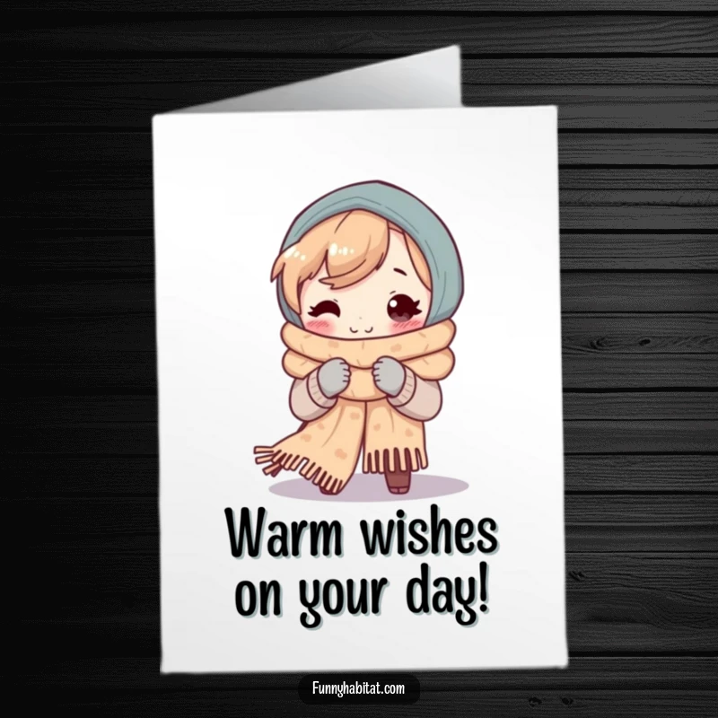 Funny Free Printable Birthday Card: A character happily knits a giant, colorful scarf with a contented, warm smile.