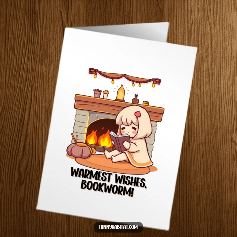 Funny Free Printable Birthday Card: Cozy character engrossed in a book by a warm, glowing fireplace, perfect for birthdays.