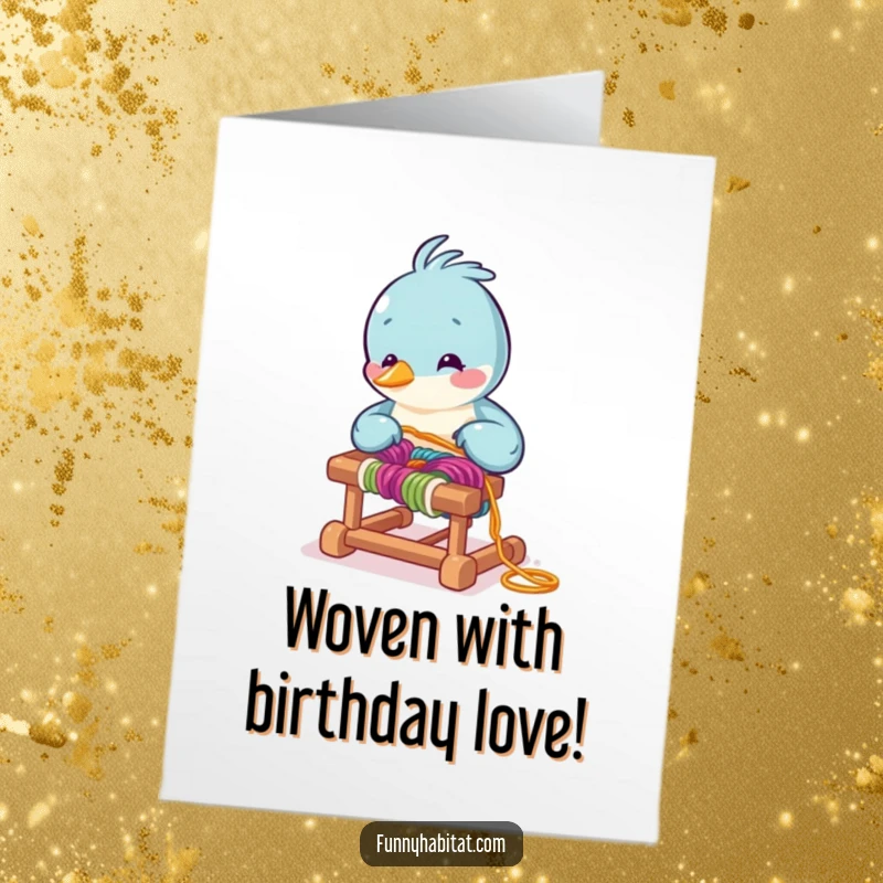 Funny Free Printable Birthday Card: A busy bird arranges colorful yarn on a tiny loom, celebrating a birthday with crafty flair.