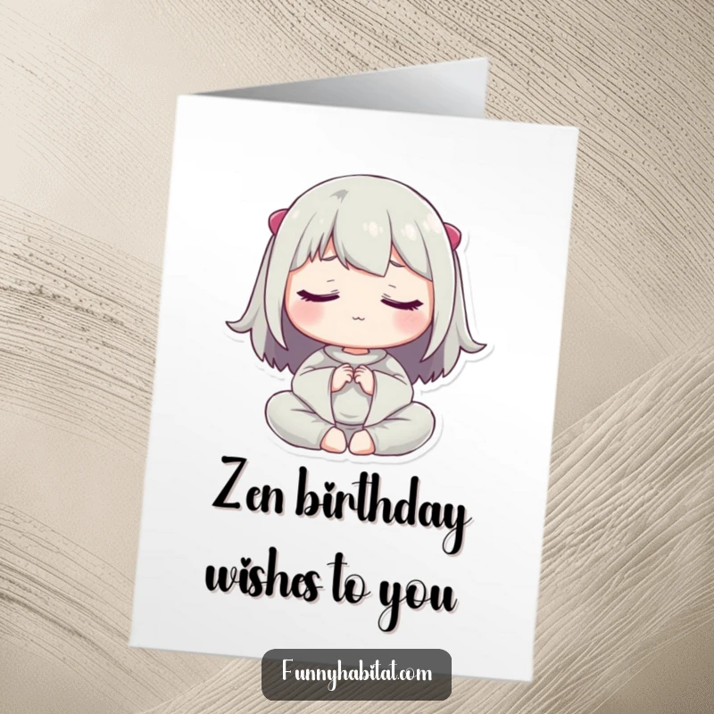 Funny Free Printable Birthday Card: A character peacefully meditating with closed eyes, radiating calm, a delightful downloadable gift.