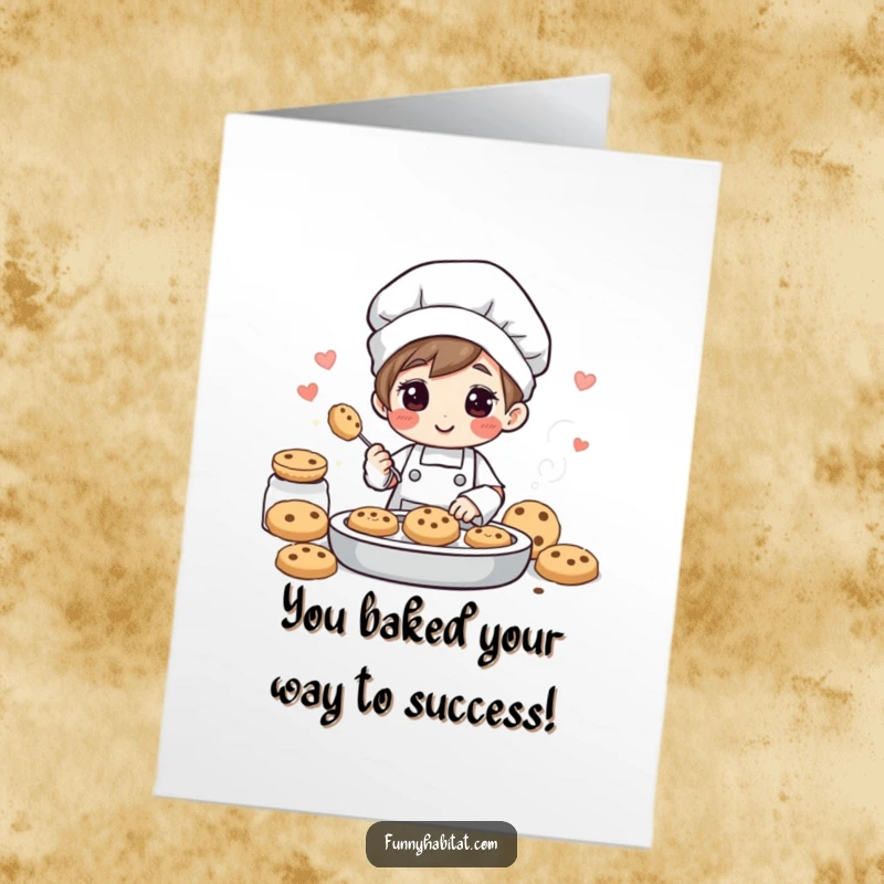 Funny Free Printable Congratulations Card showing a cheerful baker character presenting freshly baked cookies to celebrate.
