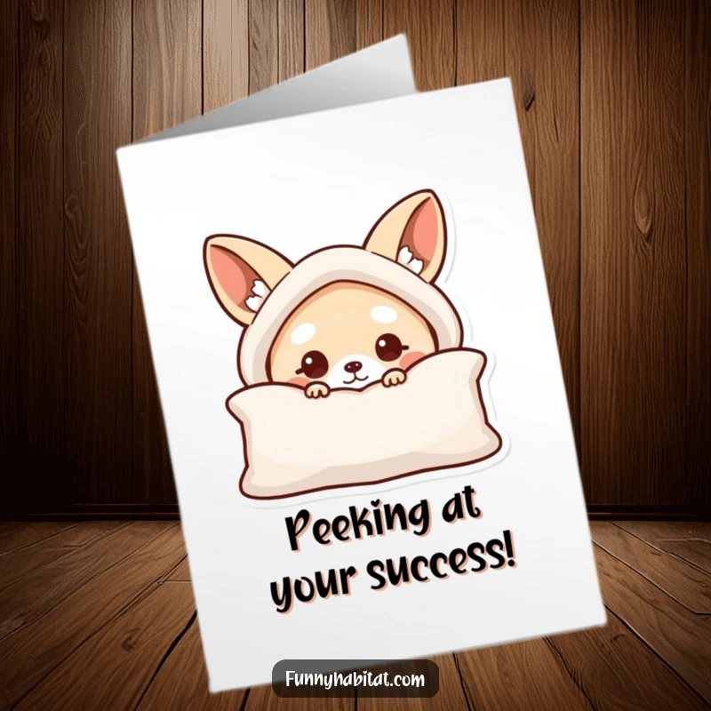 Funny Free Printable Congratulations Card: Curious animal character peeking from behind a cushion, anticipating good news.