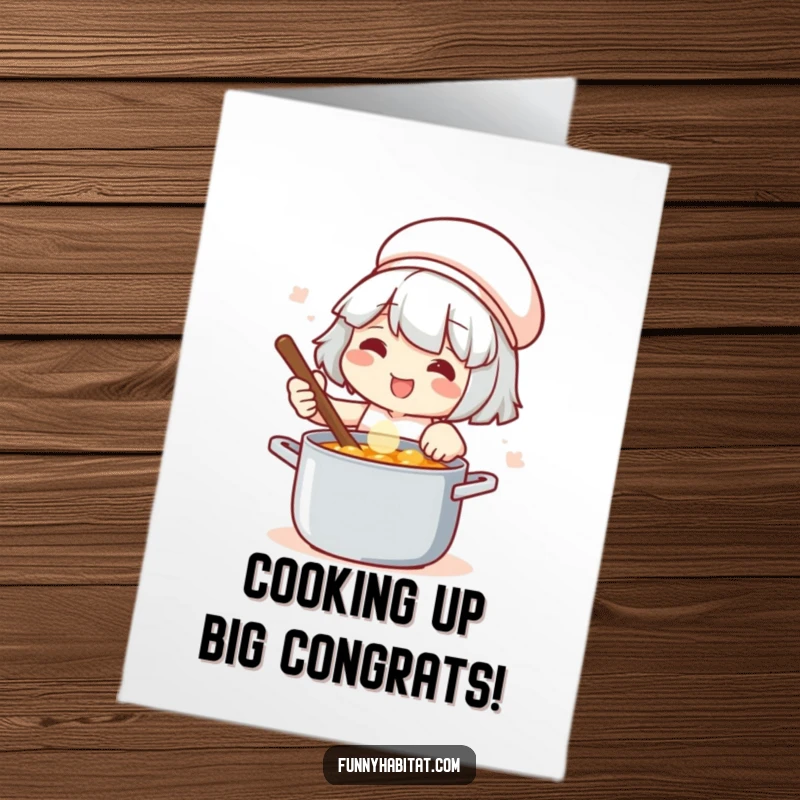 Funny Free Printable Congratulations Card: A character proudly stirring a pot, celebrating a win with a smile, a unique downloadable gift.