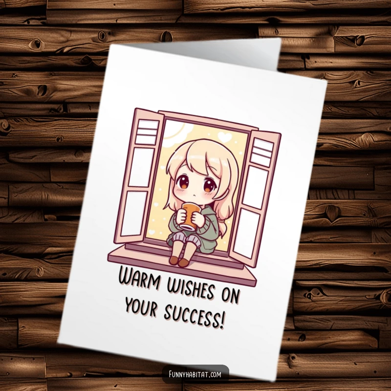 Funny Free Printable Congratulations Card of a character enjoying a warm drink by a window, a relaxing downloadable gift.