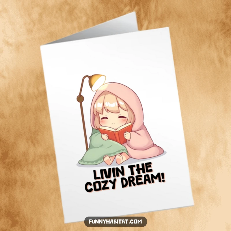 Funny Free Printable Congratulations Card: Cozy character in a blanket, engrossed in a book by soft lamplight, celebrating success.