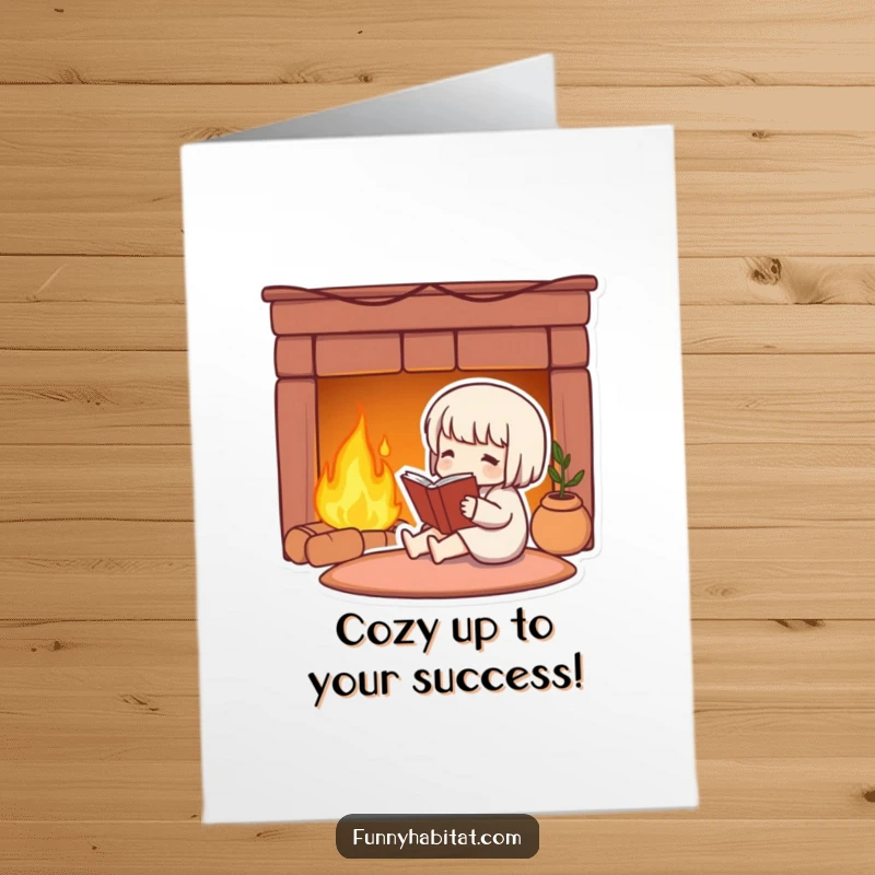 Free Printable Congratulations Card: A cute character reading by a fireplace, celebrating your success peacefully.