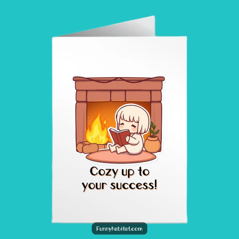 Free Printable Congrats Card: Cozy Character Celebrates Your Success by the Fire
