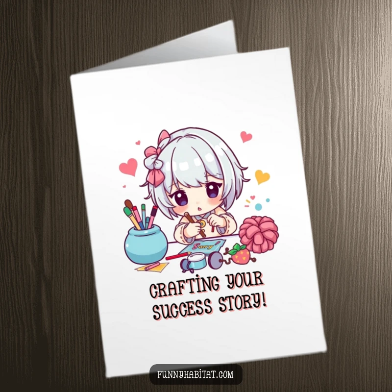 Funny Free Printable Congratulations Card: A character diligently working on a colorful craft, celebrating success, a unique downloadable gift.