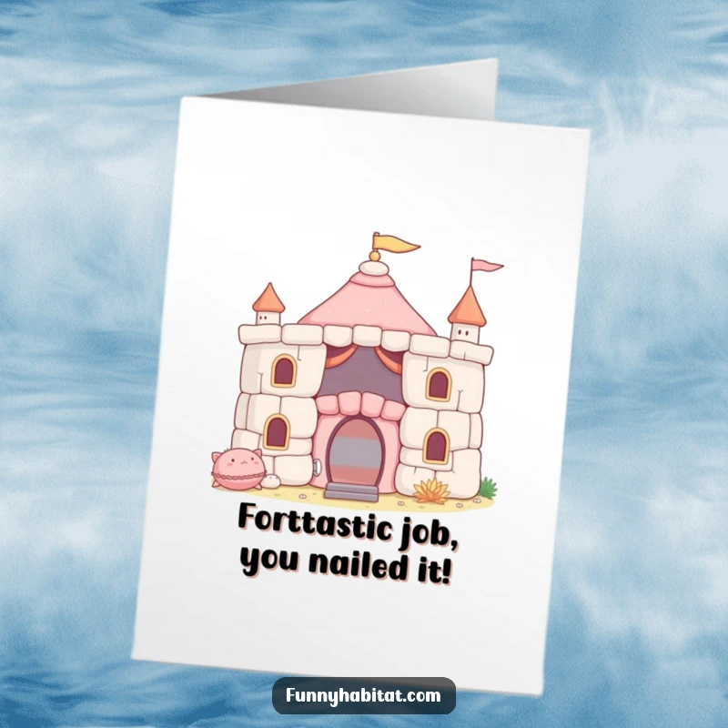 Funny Free Printable Congratulations Card of a character constructing a cushion fort, a playful downloadable gift for success.