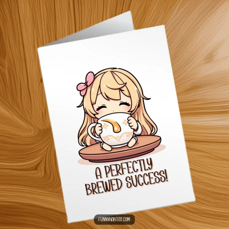 Funny Free Printable Congratulations Card featuring a character contentedly sipping tea from a charming mug, celebrating with serene joy.
