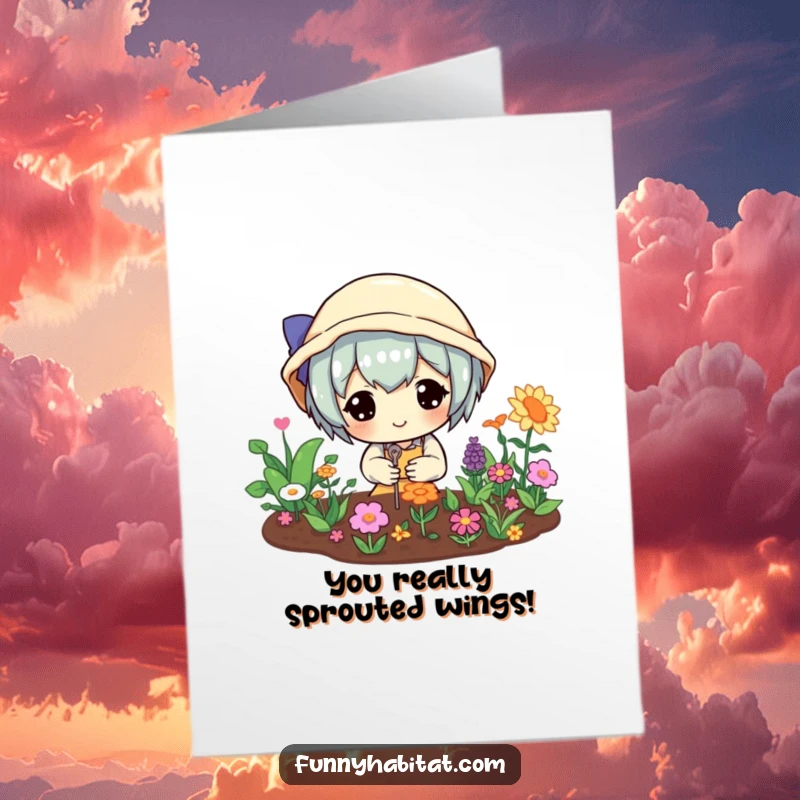 Funny Free Printable Congrats Card: A character giving a thumbs-up while working in a vibrant miniature garden, signifying flourishing success.