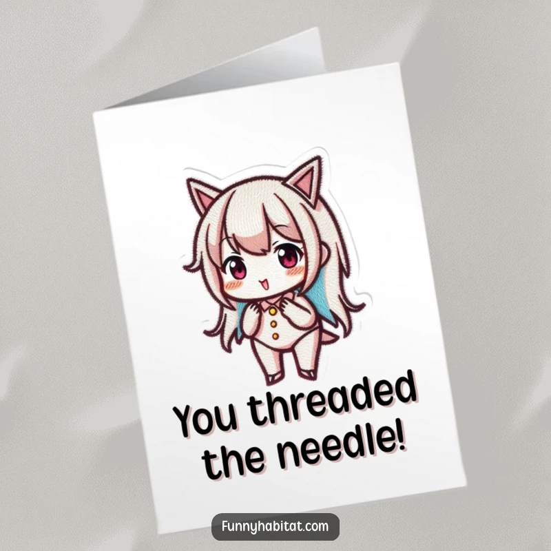 Funny Free Printable Congratulations Card: A focused character skillfully embroiders a complex pattern, showcasing dedication.