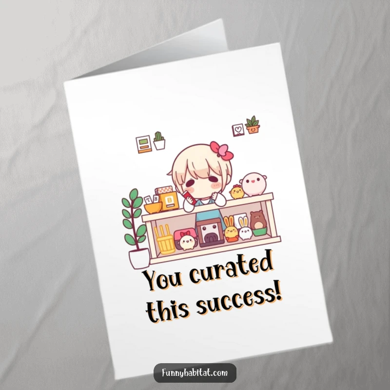 Funny Free Printable Congratulations Card: A character proudly displays a curated collection of favorite items on a shelf.