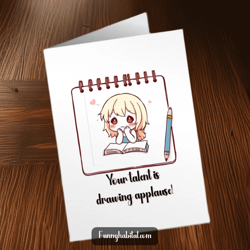 Funny free printable congratulations card: Character thoughtfully sketching in a notebook, contemplating creative plans.