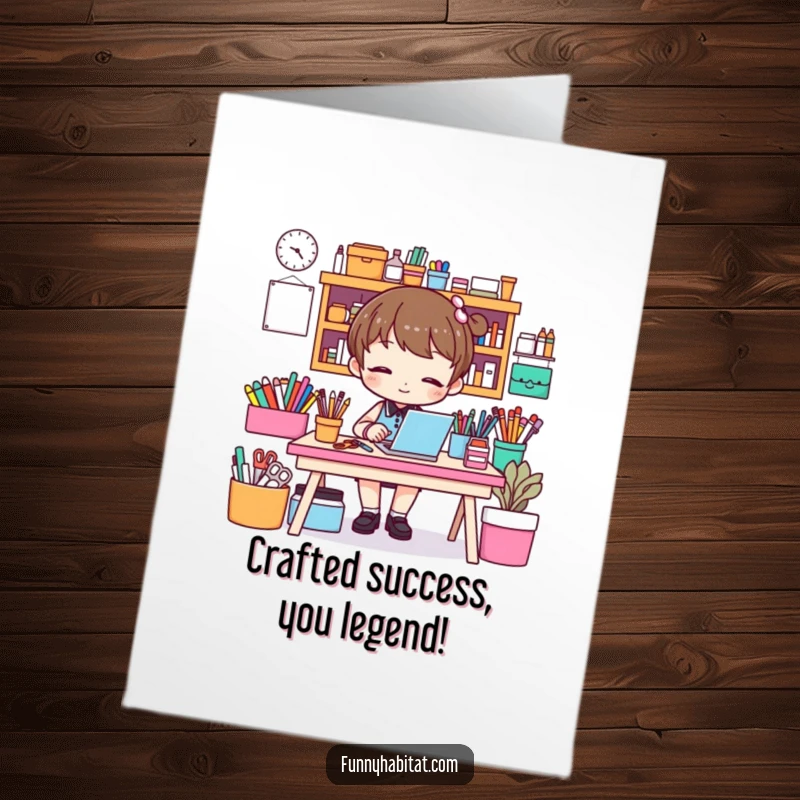 Funny Free Printable Congrats Card: A character beaming while tidying a vibrant craft desk, DIY downloadable.