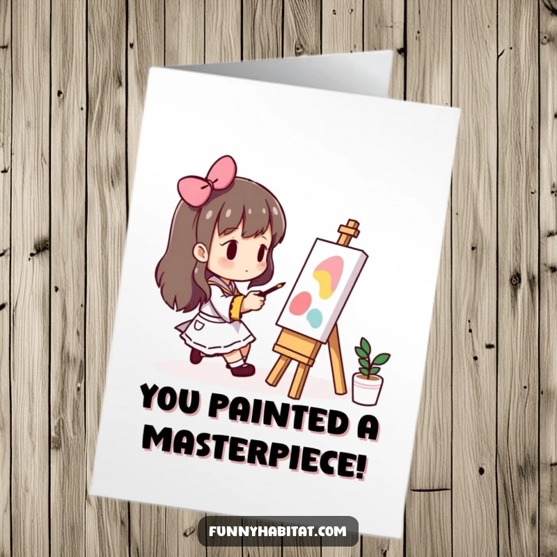 Free Printable Congratulations Card: A character diligently painting on a small easel, celebrating a masterpiece.