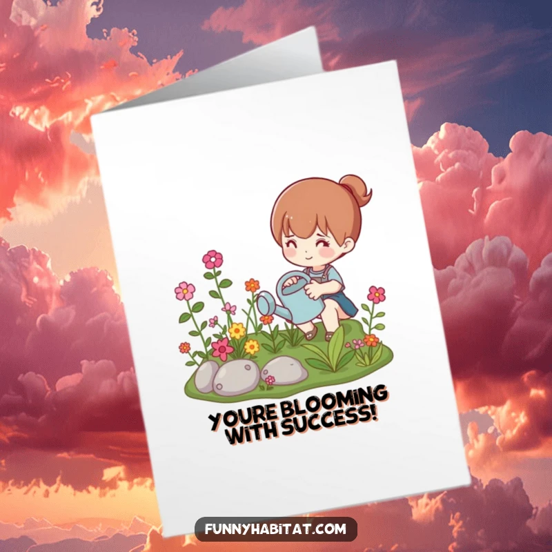 Free Printable Congratulations Card: Happy character watering a flourishing miniature garden, celebrating growth and success.