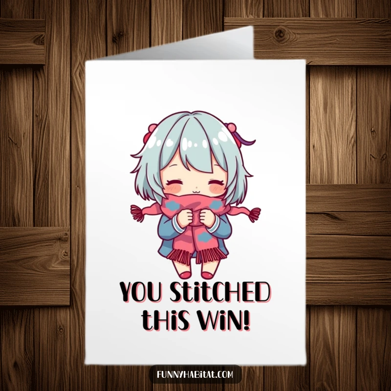 Funny Free Printable Congrats Card: A character knits a colorful scarf, celebrating your accomplishment stitch by stitch.