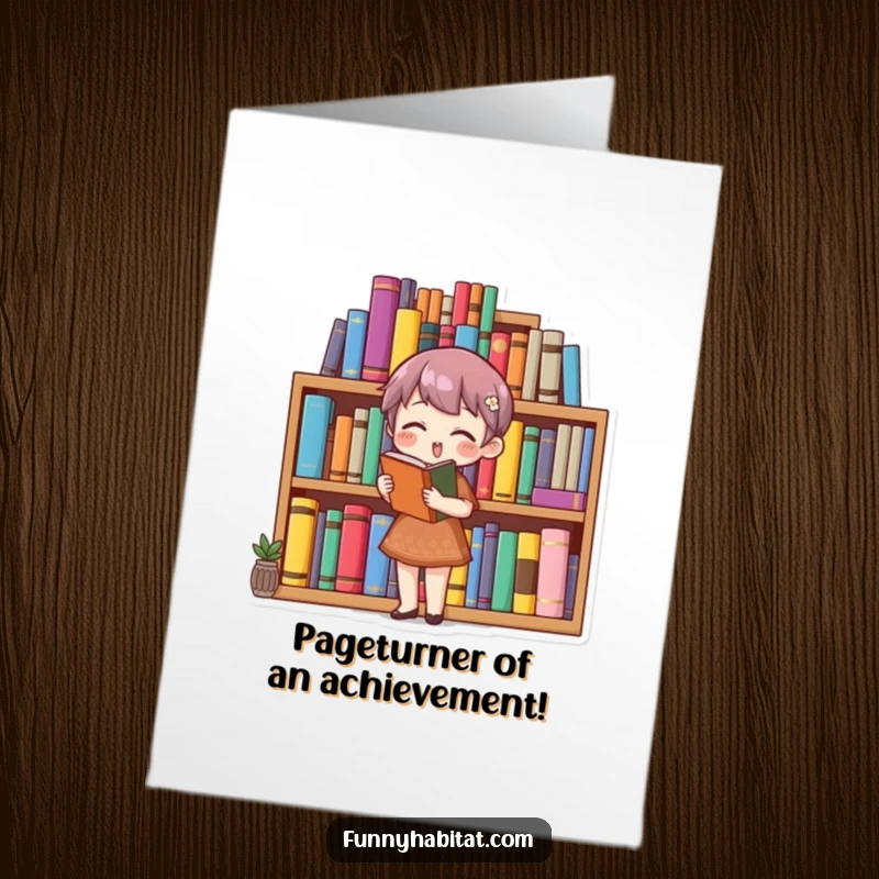 Funny Free Printable Congratulations Card depicting a character happily organizing colorful books, celebrating success with literary joy.