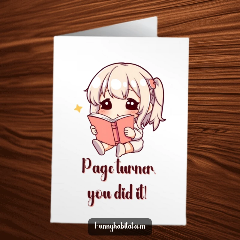 Funny Free Printable Congratulations Card showing a character lost in a book, a peaceful downloadable gift for celebrating achievements.