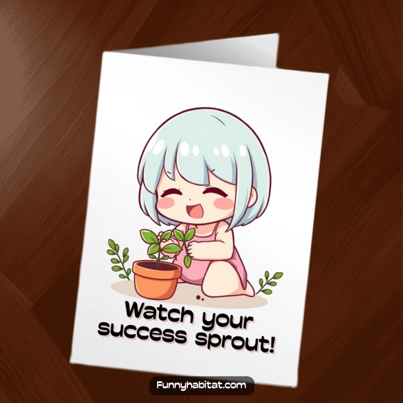 Free Printable Congratulations Card: Cheerful character nurturing a small plant, symbolizing the growth of success.