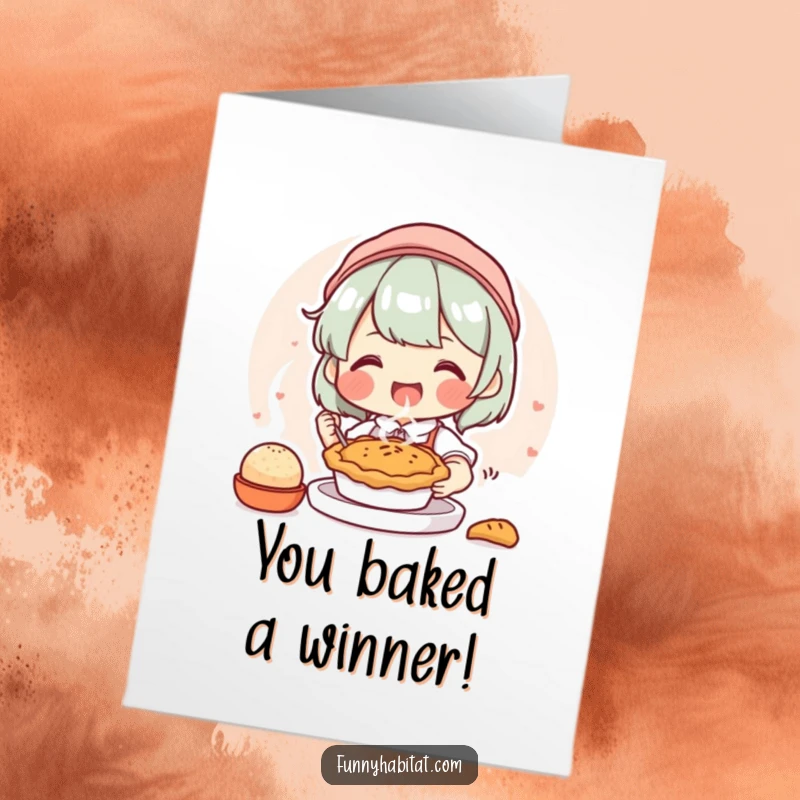 Funny Free Printable Congrats Card: A character beaming while holding a warm, steaming pie, signifying a delicious accomplishment.