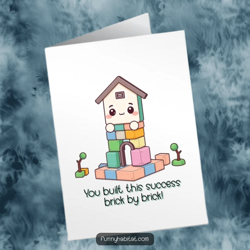 Funny Free Printable Congratulations Card: A character amusingly builds with blocks, symbolizing achievement, for a downloadable gift.