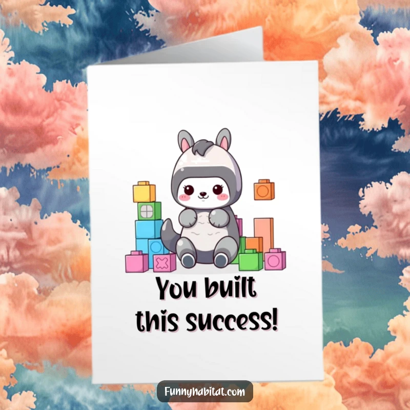 Funny free printable congratulations card featuring a cute animal character arranging building blocks, symbolizing structured success and playful determination.