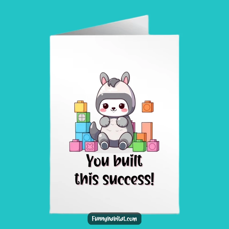 Free Printable Congrats Card: Cute Animal Builds Success with Colorful Blocks