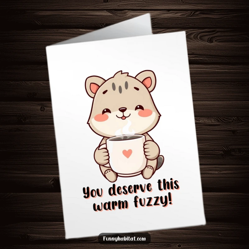 Funny free printable congratulations card showing a cheerful animal holding a steaming mug, toasting success with a warm, humorous smile.