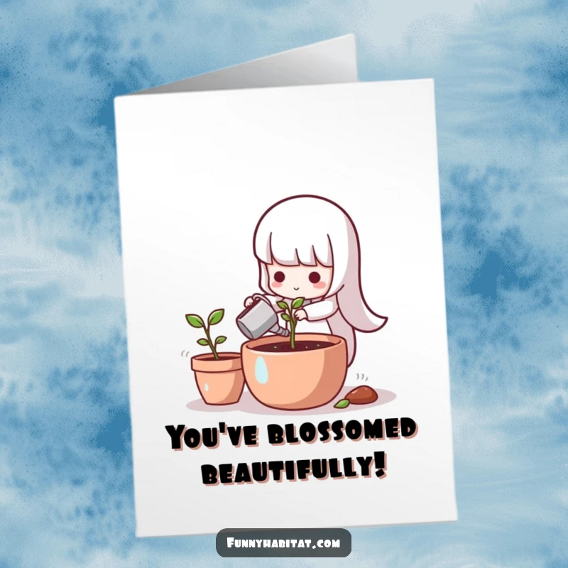Funny Free Printable Congratulations Card: Cute character waters a tiny sprout, symbolizing success and new growth.