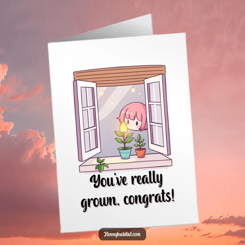Free Printable Congratulations Card: A character nurturing a small, glowing plant, celebrating new achievements.