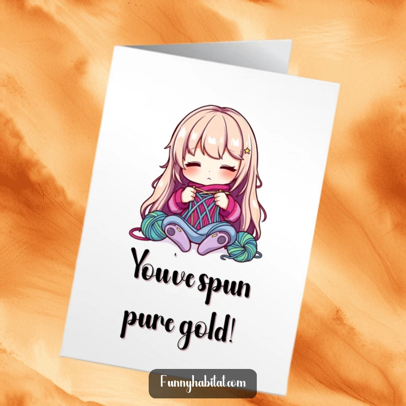 Funny free printable congratulations card: A character concentrates on knitting with bright yarn, symbolizing accomplishment and hard work.