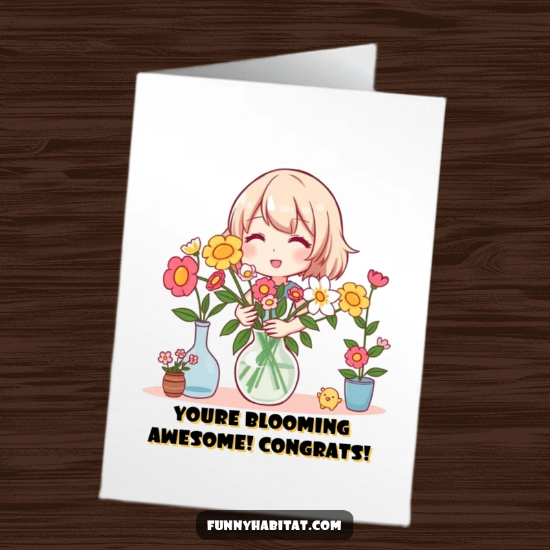 Funny free printable congratulations card: Happy character arranging a beautiful bouquet in a vase, symbolizing celebration.