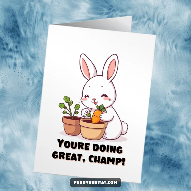Funny Free Printable Congratulations Card: A joyful rabbit tends a small smiling carrot, celebrating an achievement with a leafy high-five.
