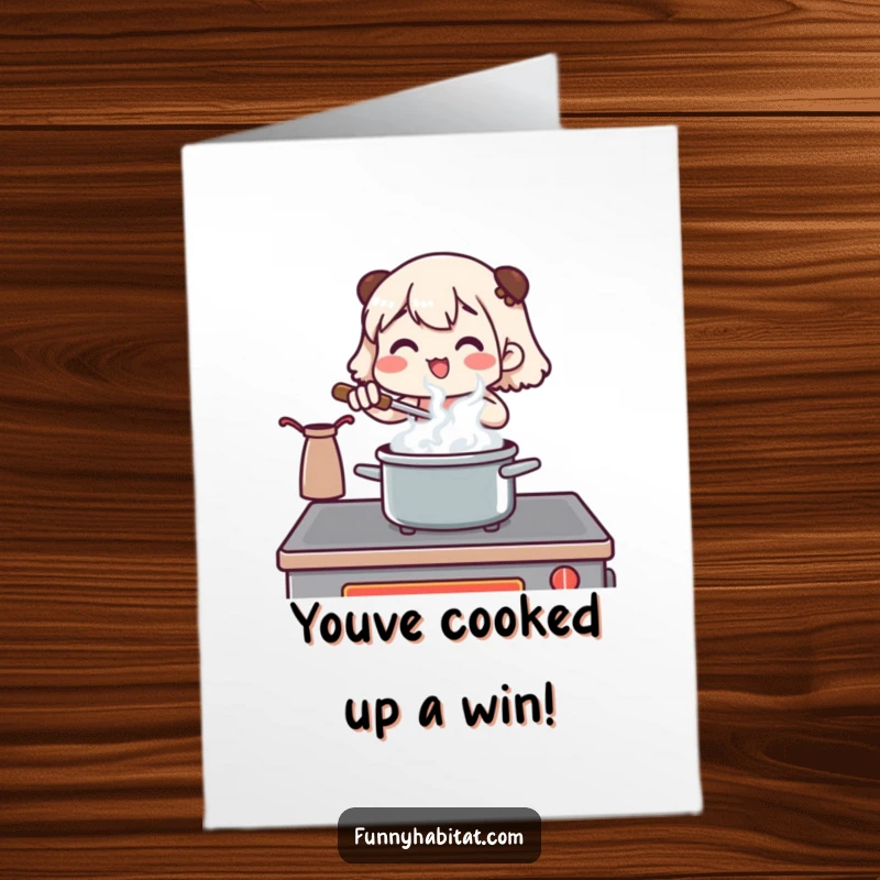 Free Printable Congratulations Card: A cheerful character stirring a pot, symbolizing a successful creation or project.