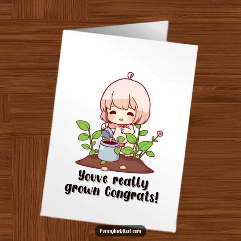 Funny Free Printable Congratulations Card: Character waters a vibrant plant, symbolizing success, a downloadable congratulatory art.