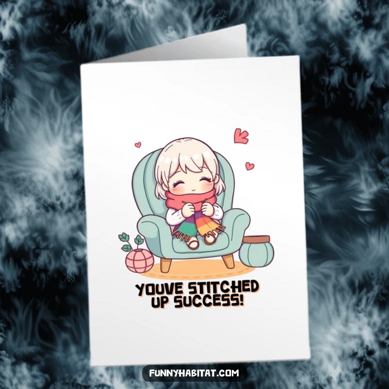 Free Printable Congratulations Card: Adorable character knitting a long, vibrant scarf, symbolizing a finished project or accomplishment.