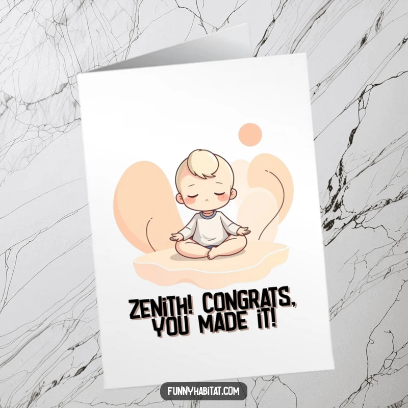 Funny Free Printable Congrats Card: A character in a meditative pose with gentle, colorful abstract shapes flowing around, downloadable.