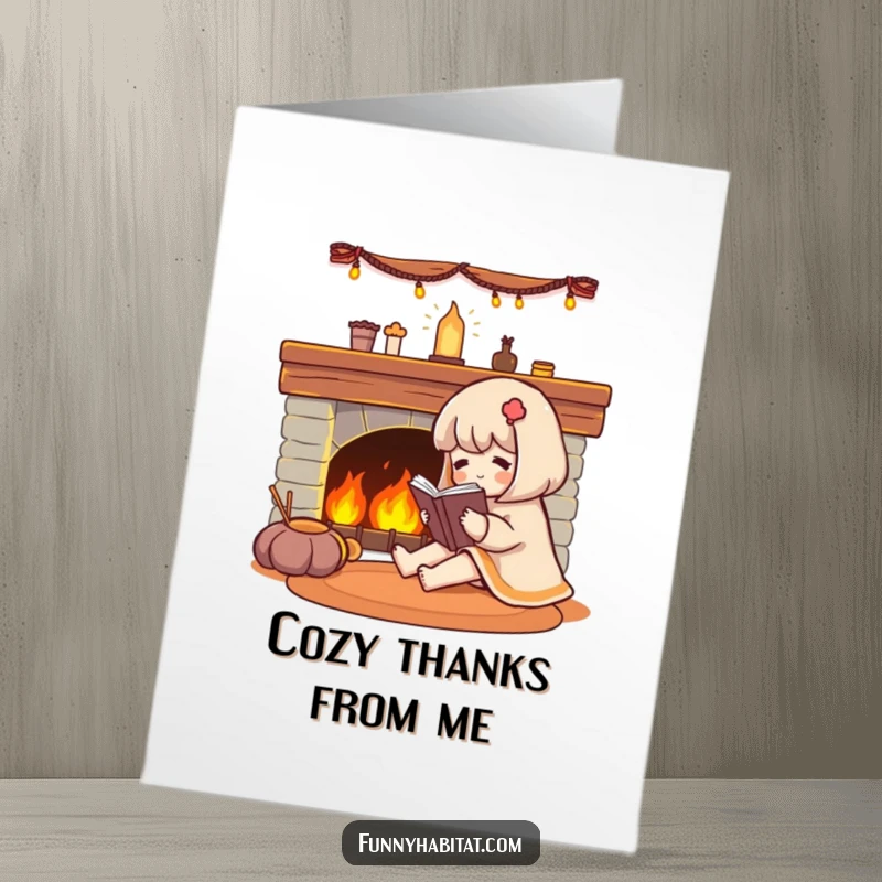 Funny Free Printable Thank You Card: Cozy character enjoying a book by a fireplace, conveying warm thanks.