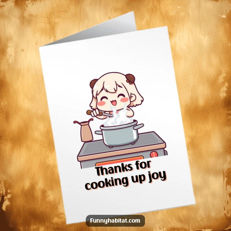Funny Free Printable Thank You Card: A character happily cooking at a stove, steam rising, conveying appreciation.