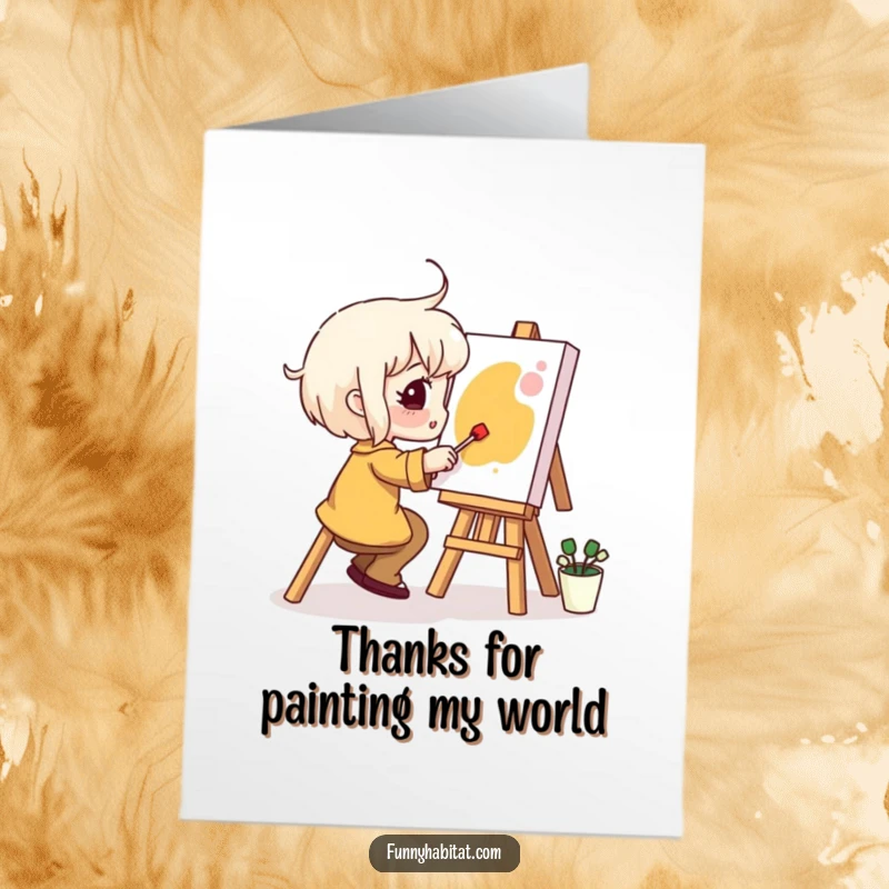 Funny free printable thank you card: An artist character smiles widely while painting, conveying thanks with a creative and colorful gesture.