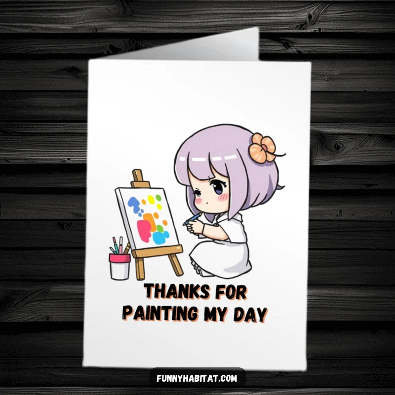 Funny Free Printable Thank You Card: A character presenting a beautiful painting, symbolizing thoughtful gratitude and artistic expression.