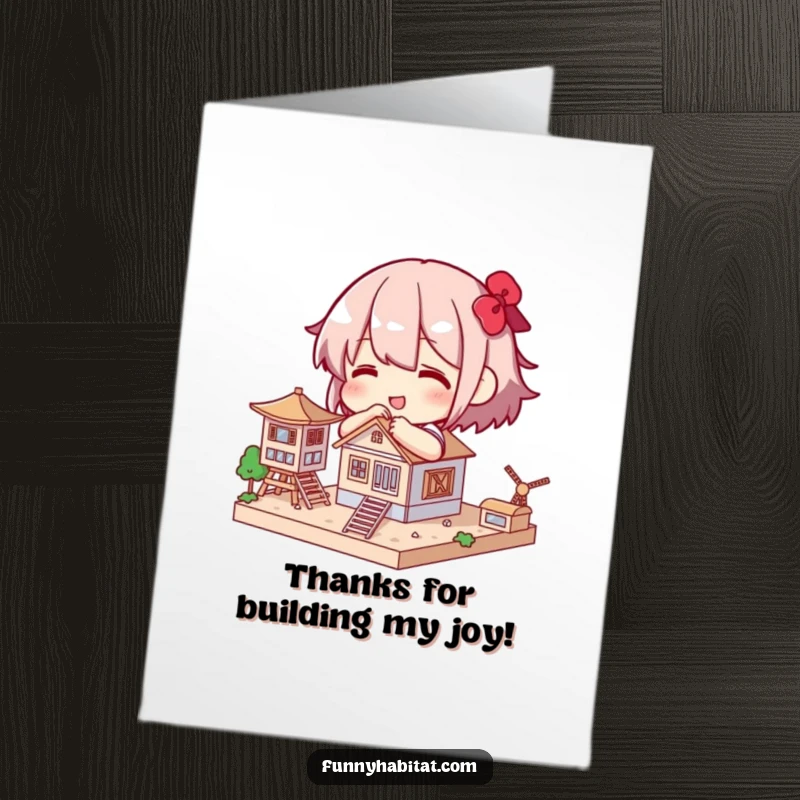 Funny Free Printable Thank You Card: A character meticulously adds the final piece to a model structure, signifying thoughtful thanks.