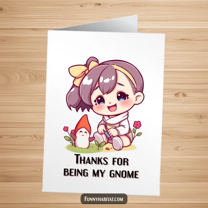 Funny Free Printable Thank You Card: Character happily tends a tiny garden gnome, a sweet downloadable art for thanks.