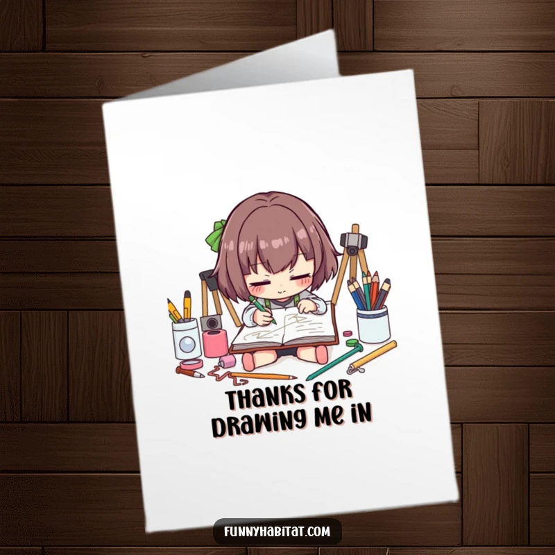 Funny Free Printable Thank You Card with an artist character diligently sketching, a creative way to express gratitude.