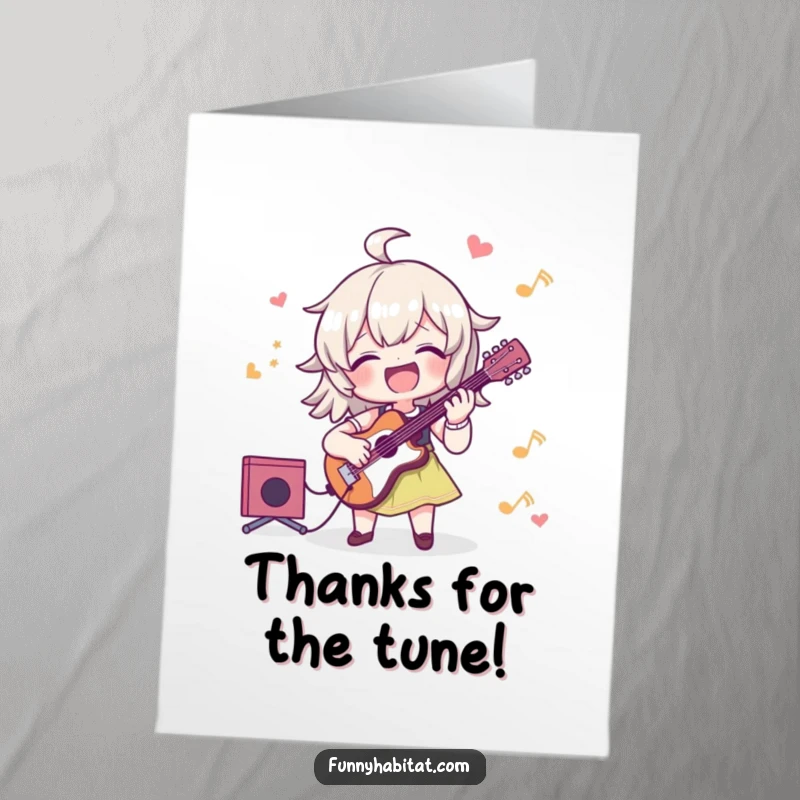 Funny free printable thank you card with a character joyfully playing an instrument, conveying thanks through music.